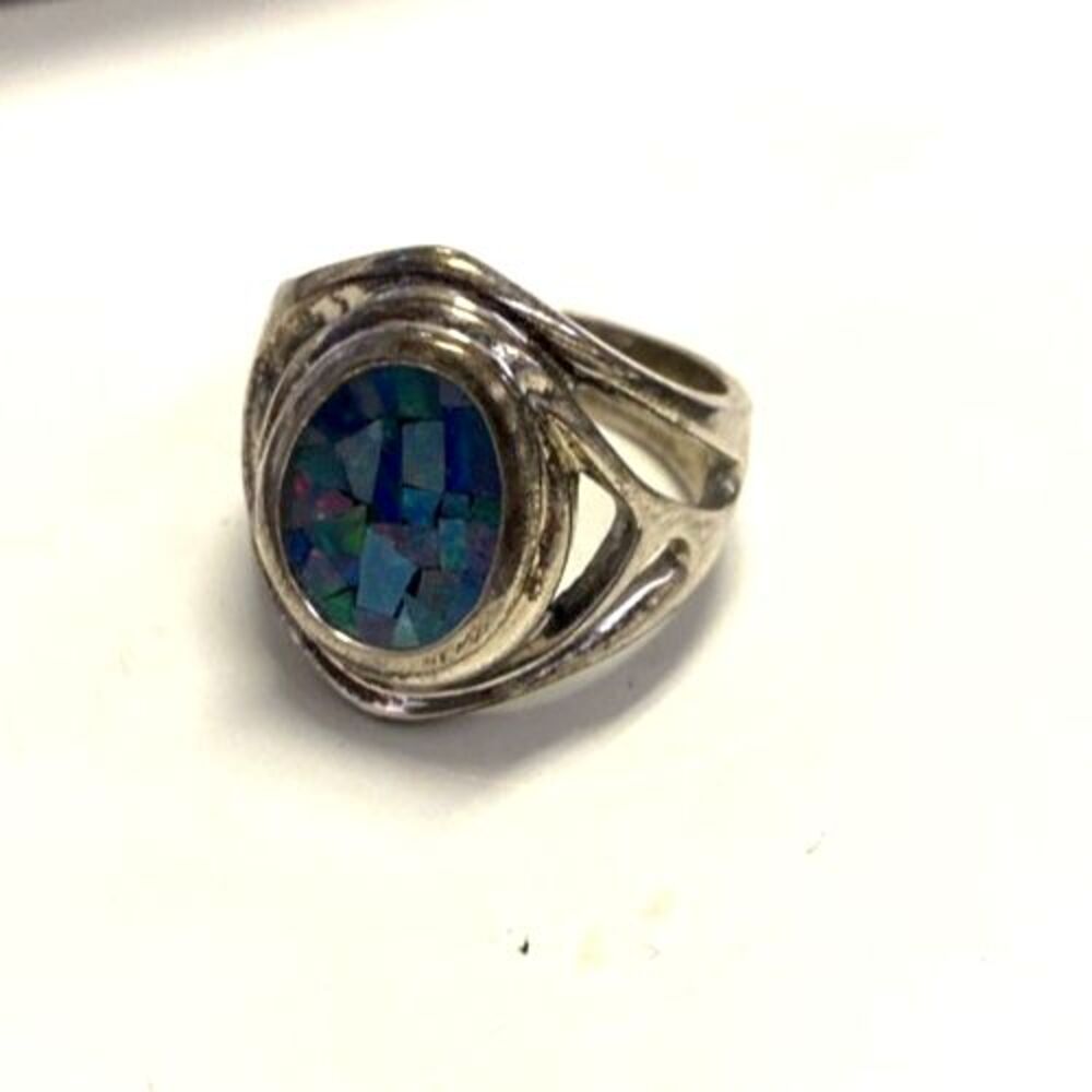 Whitney Kelly Sterling Silver Black Mosaic Multi Color Opal Ring Vintage Size 8